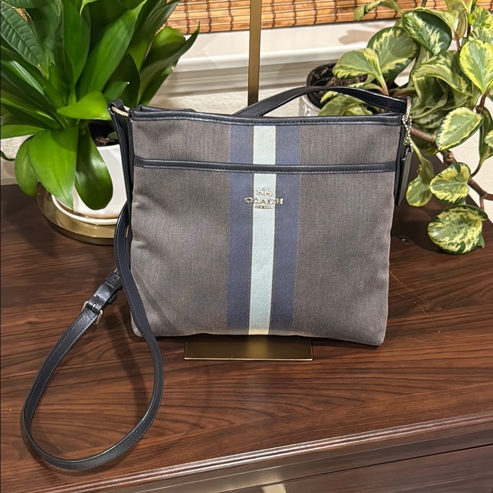 Coach Gray and Blue Crossbody Bag with Vertical Stripe